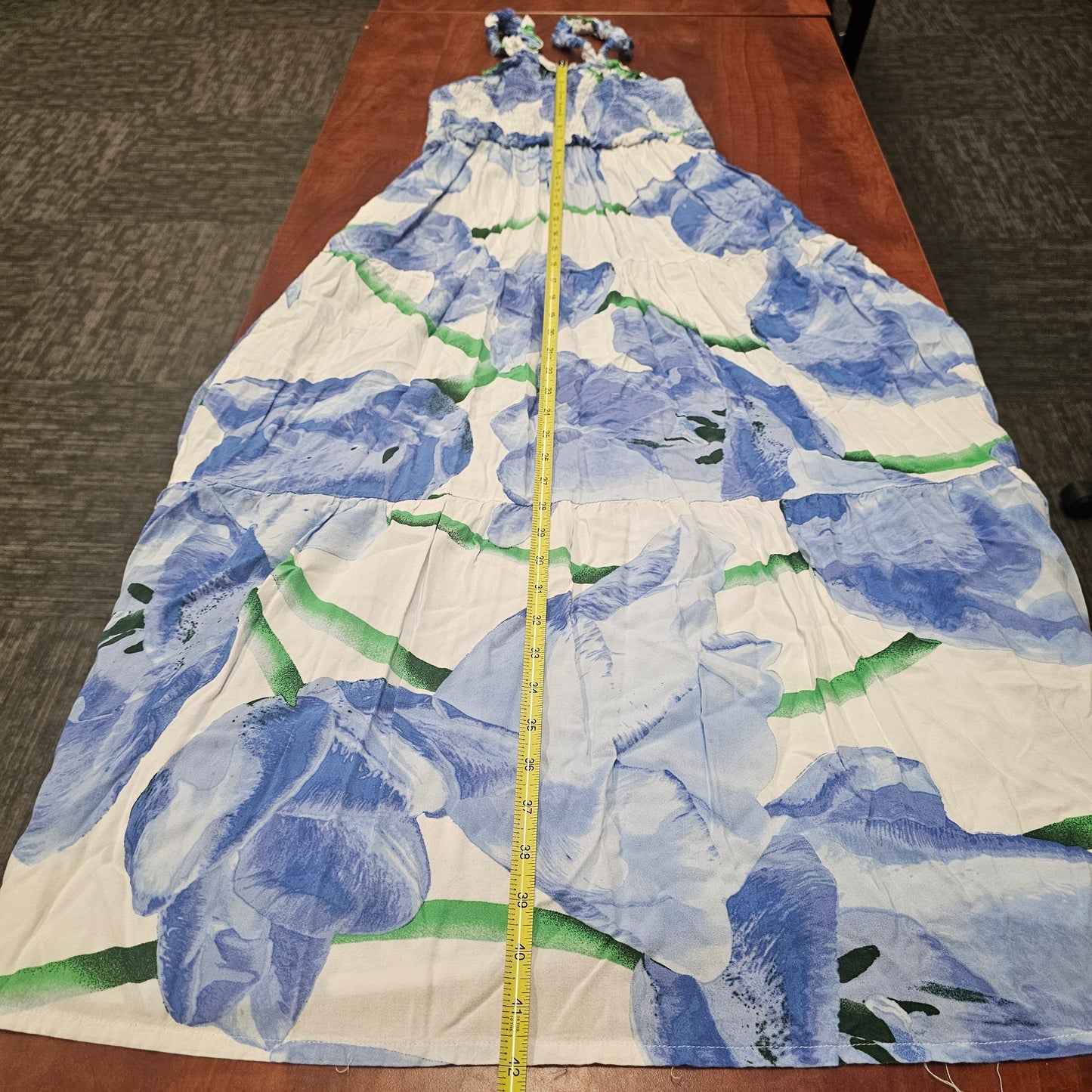 Jolie & Joy Blue Floral Smocked Maxi Dress XL Boho Tiered Rayon Summer Sun Dress