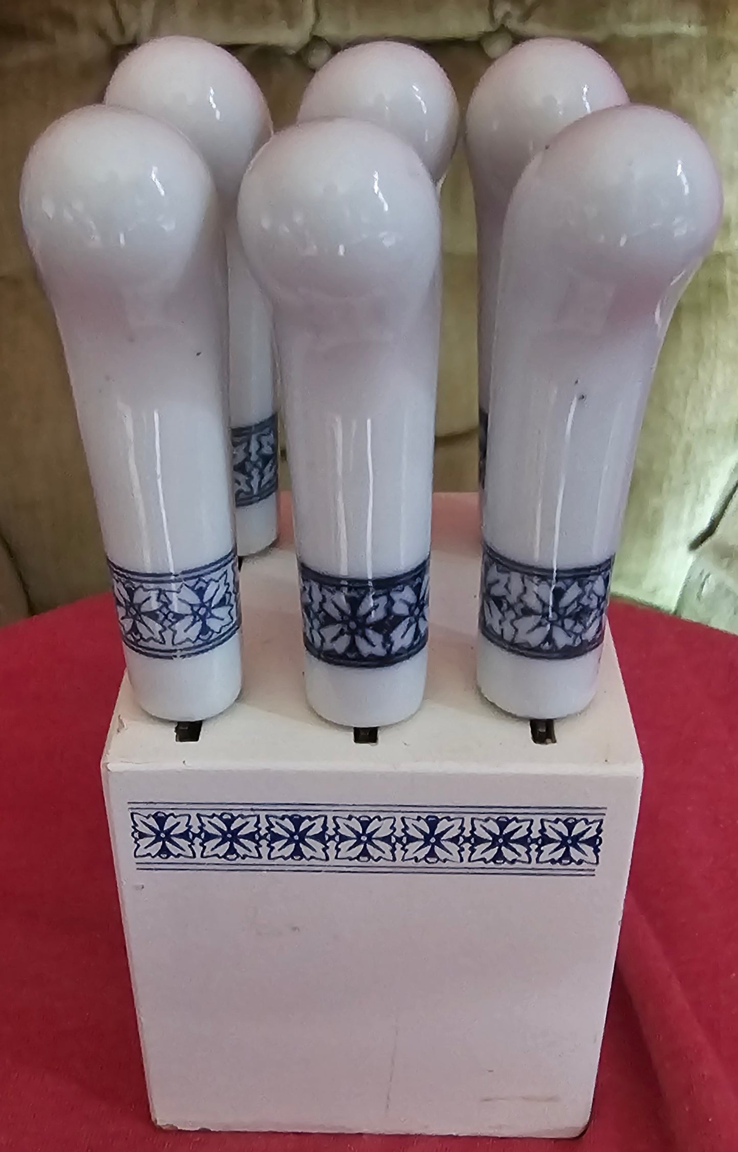 Vintage Blue & White Ceramic Handle Butter Spreaders Set of 6 with Wood Block - Stainless Steel Appetizer Knives - Cottagecore Kitchen Decor