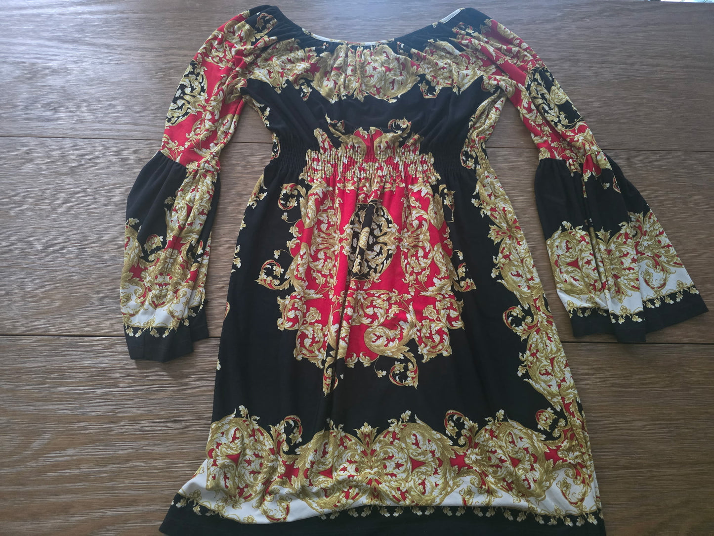 Boston Proper Baroque Print Off-Shoulder Dress – Red, Black & Gold (Size 6)
