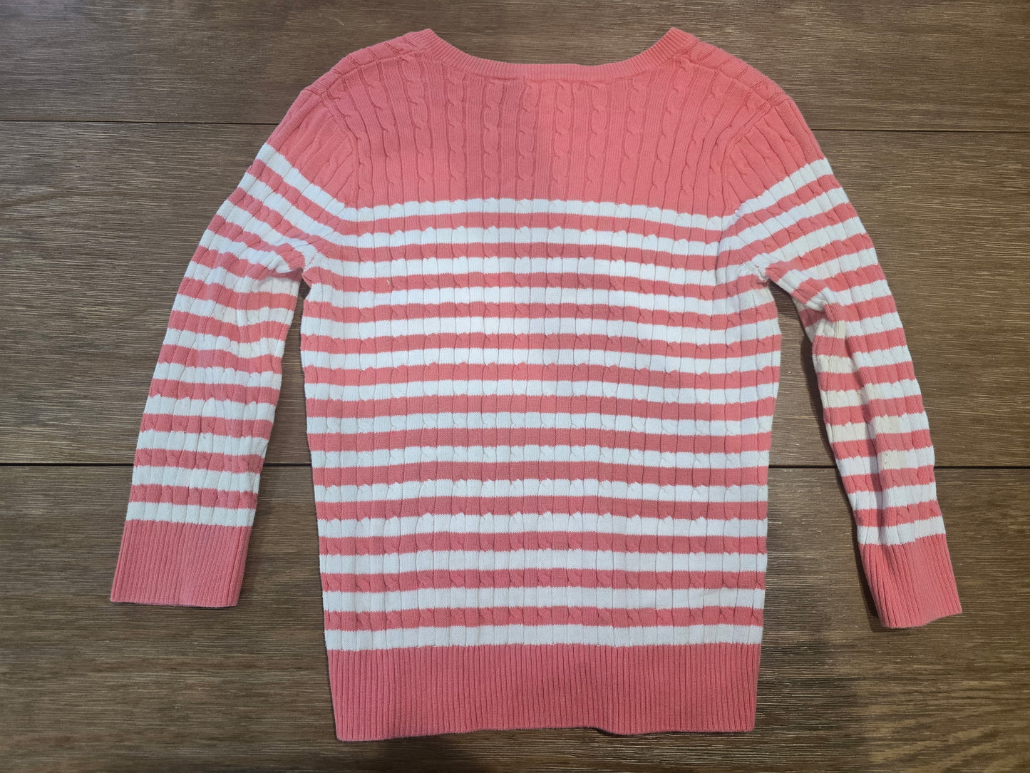 Jeanne Pierre Women’s Small Pink White Stripe Cotton V-Neck Sweater