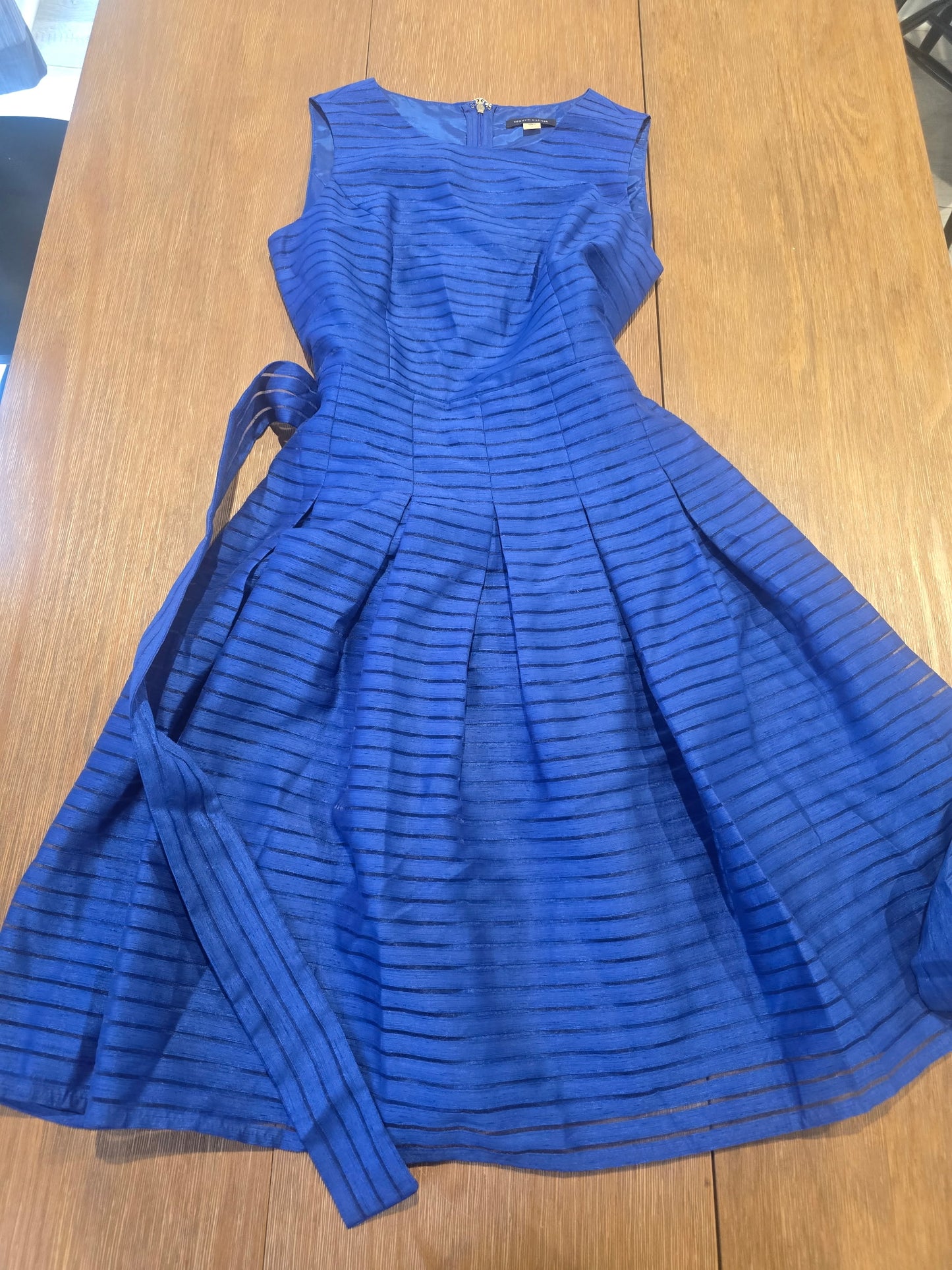 Tommy Hilfiger Royal Blue Fit & Flare Dress Size 6 Striped Sheer Overlay Belted