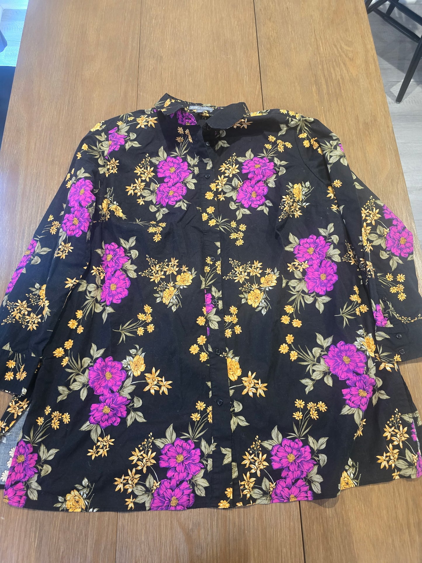 Jessica London Women's 26W Floral Button Up Tunic Top Black Pink Yellow Cotton