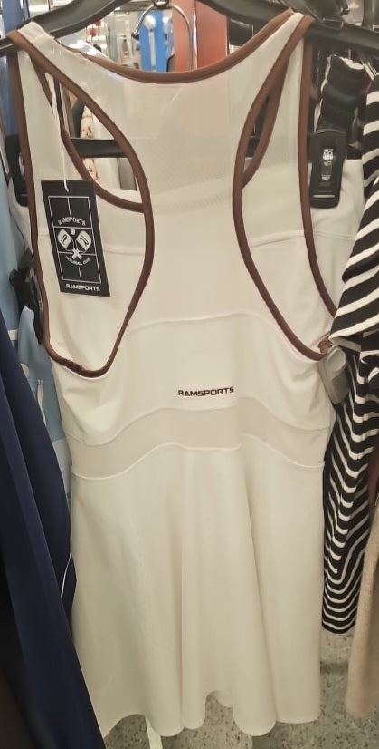 Ramsports Racer Flare Dress | White & Brown Tennis Pickleball Dress activewear size M