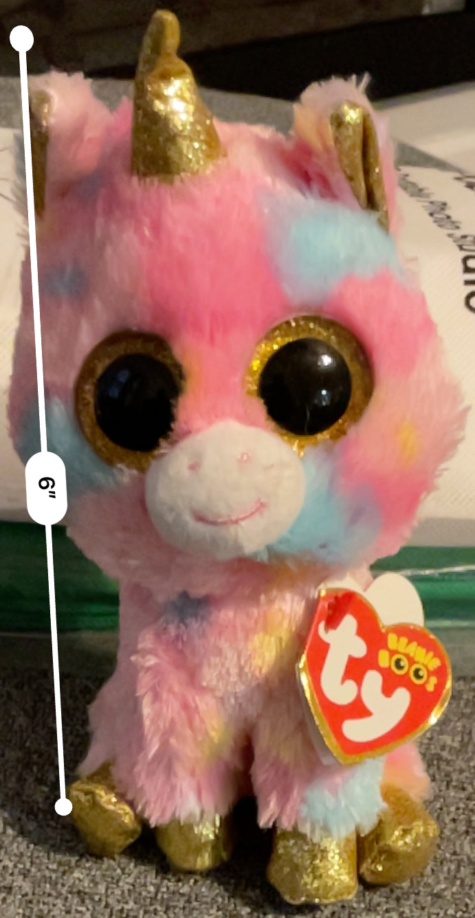 Ty Beanie Boos Fantasia the Unicorn 6" Plush Pink Tie-Dye Gold Glitter Accents