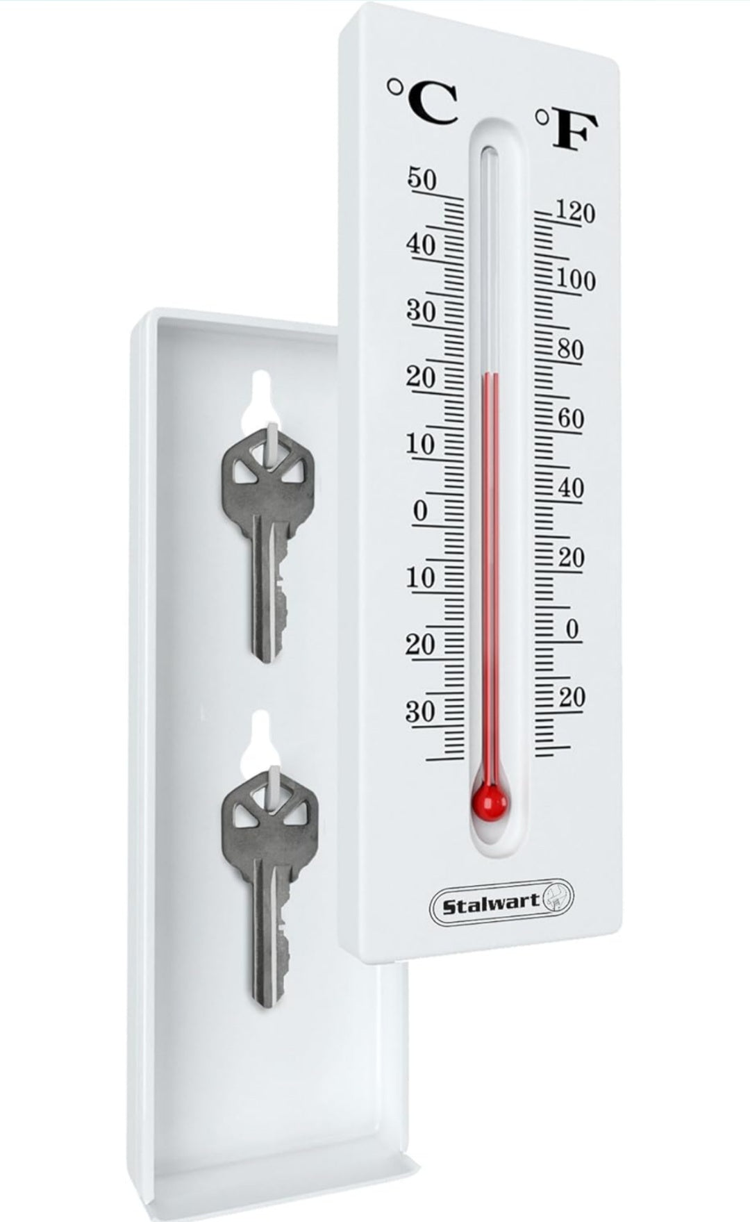 Hide a Key for House Car Keys- Temperature Reading Indoor and Outdoor Working Wall Mount Thermometer with Key Storage by Stalwart