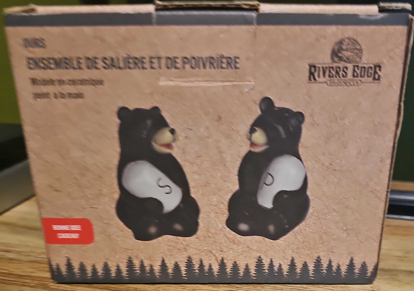 Rivers Edge Bear ceramic black bear salt and pepper shakers set in rustic cabin decor packaging