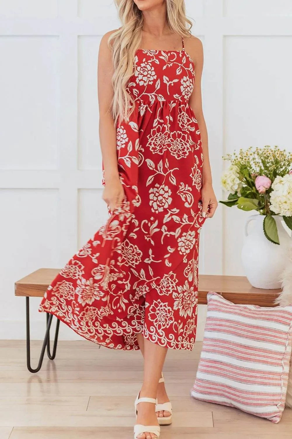 Floral Printed Spaghetti Strap Empire Waist Maxi Dress