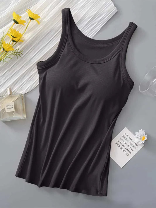 Black round neck tank top with built-in bra, made of 95% viscose and 5% spandex, moderate stretch, basic style, machine washable