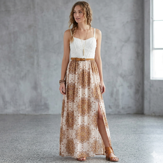 AUW White Lace Bodice Mandala Print Maxi Dress with Braid Belt Medium