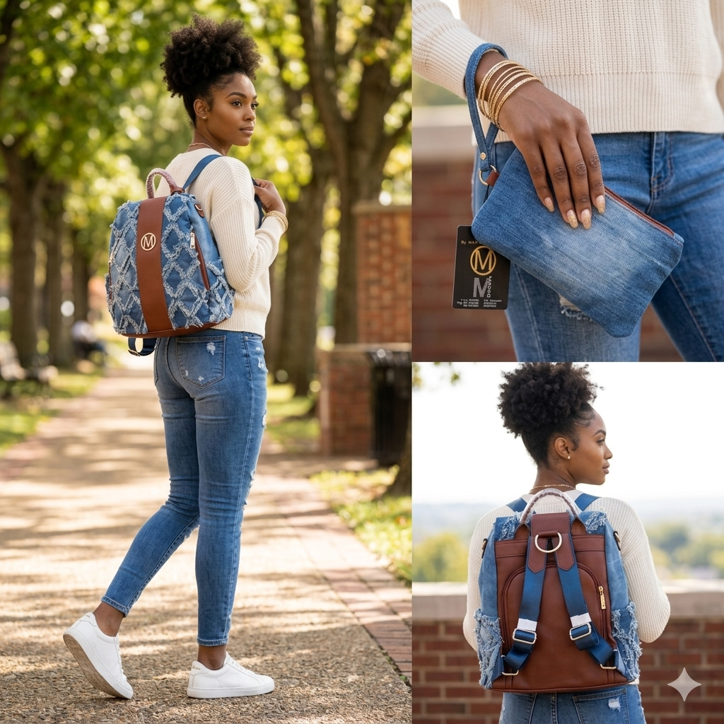 NWT M MARCO by MKP Collection Distressed Denim Backpack & Wristlet Set – Frayed Boho Style