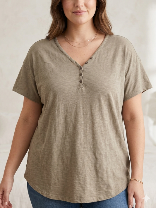Knox Rose Earthy Khaki Short Sleeve Henley T-Shirt Top Women's Size XL Soft