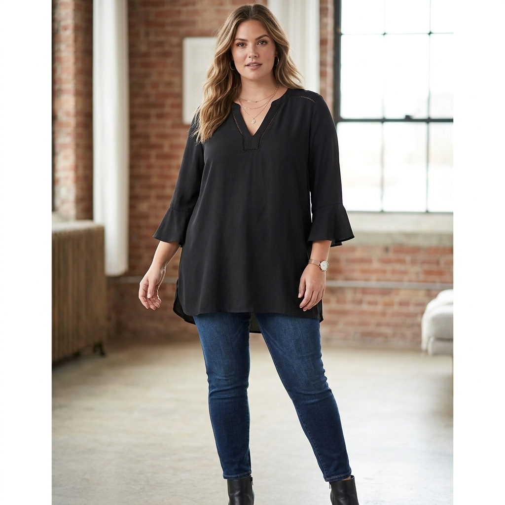 Maurices Women's Solid Black V-Neck Tunic Top with Flared Ruffle Sleeves, Size Medium