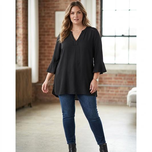 Maurices Women's Solid Black V-Neck Tunic Top with Flared Ruffle Sleeves, Size Medium