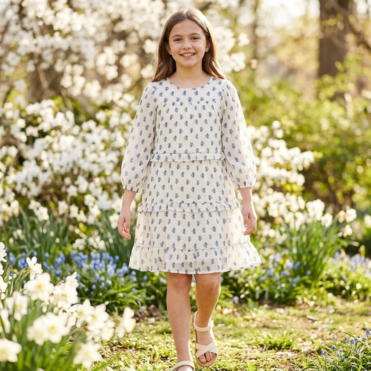 Wonder Nation Girls Tiered Chiffon Dress Cream Blue Floral Size XXL 18 Flounce Brand: Wonder Nation