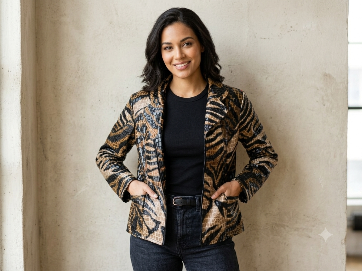 Selene Sport Animal Print Faux Leather Jacket Women's Size 10 Mixed Reptile Cheetah