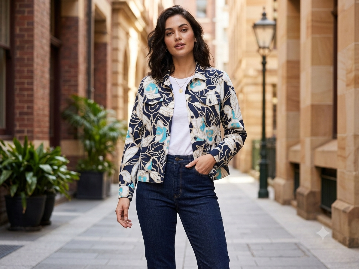 Alfred Dunner Floral Denim Style Jacket Size 10 Cotton Blend Tropical Button Up