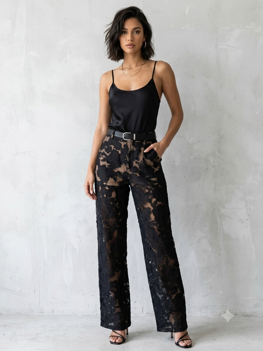 JLUXLABEL Black Floral Lace Wide Leg Pants Womens XS Sheer Mesh High Waisted