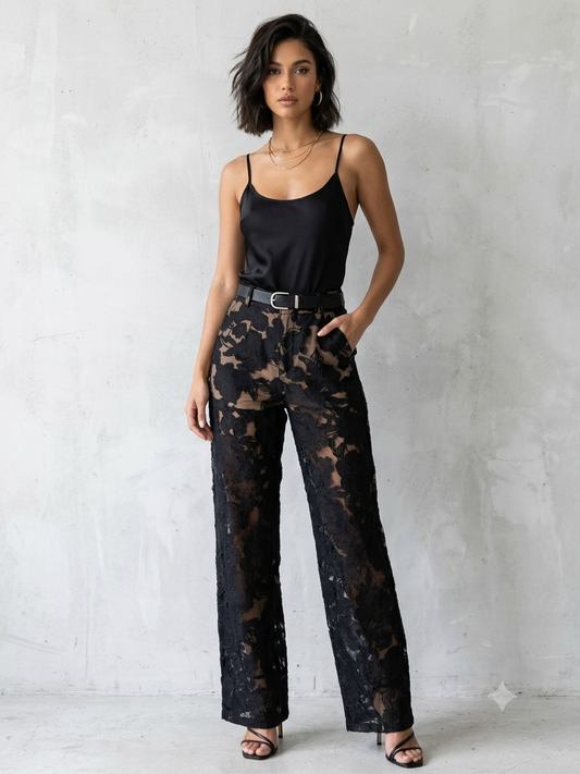 JLUXLABEL Black Floral Lace Wide Leg Pants Womens XS Sheer Mesh High Waisted