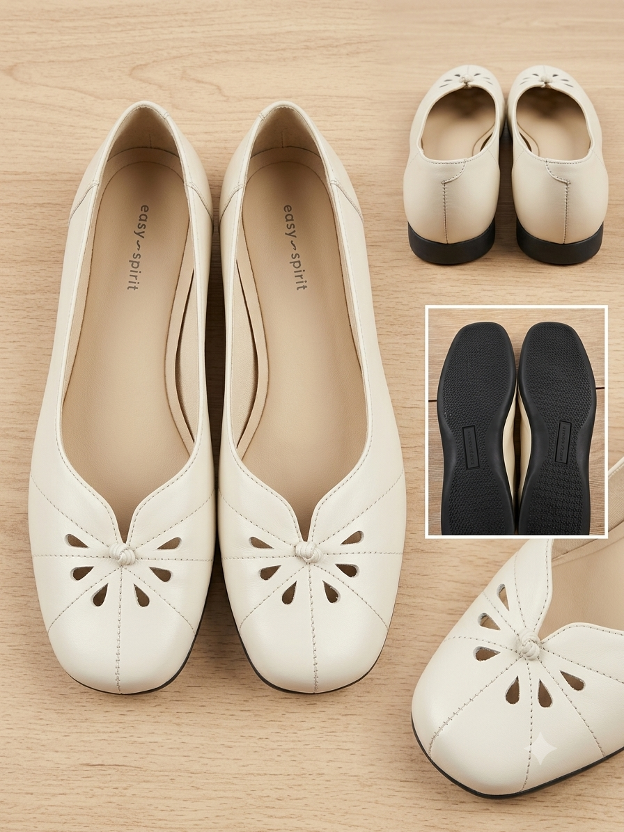 Easy Spirit Women's Cream Leather Ballet Flats Floral Cutout Comfort Shoes