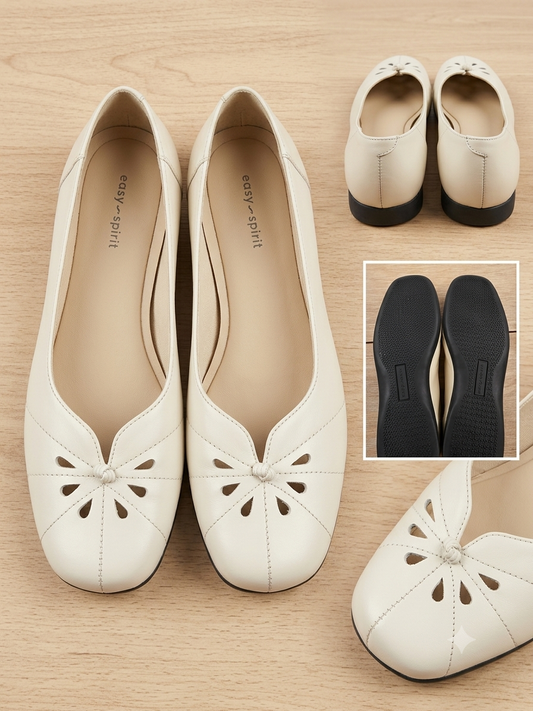 Easy Spirit Women's Cream Leather Ballet Flats Floral Cutout Comfort Shoes