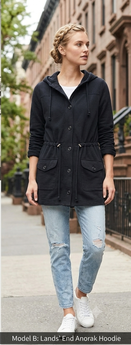 Lands' End Black Knit Anorak Jacket Full Button Hoodie Women's Small 6-8
