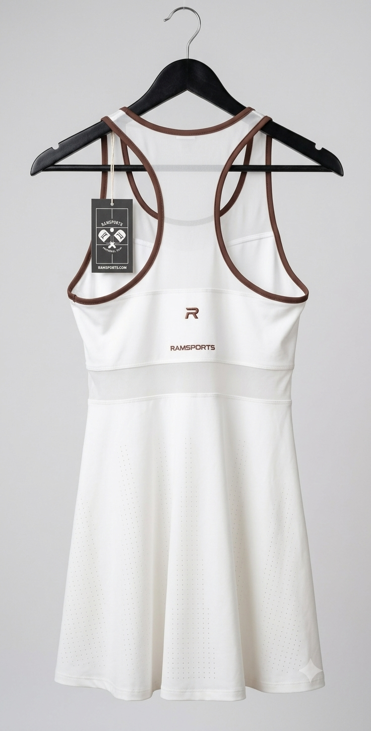 Ramsports Racer Flare Dress | White & Brown Tennis Pickleball Dress activewear size M