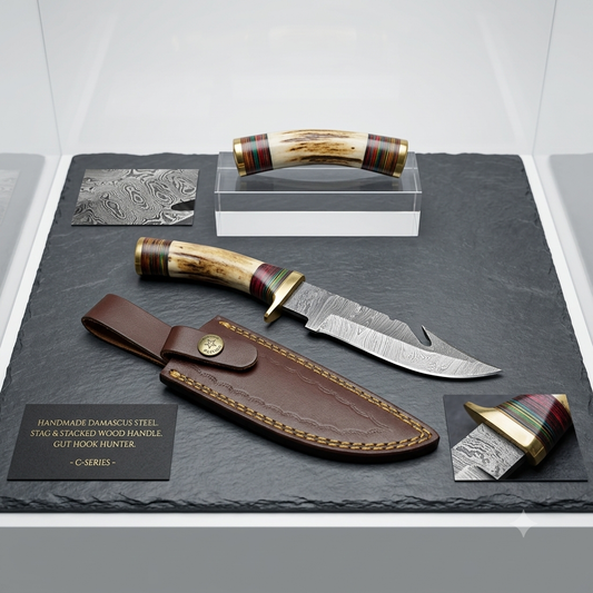 Handmade Damascus Steel Fixed Blade Hunting Knife - Gut Hook - Bone & Pakkawood Handle w/ Leather Sheath
