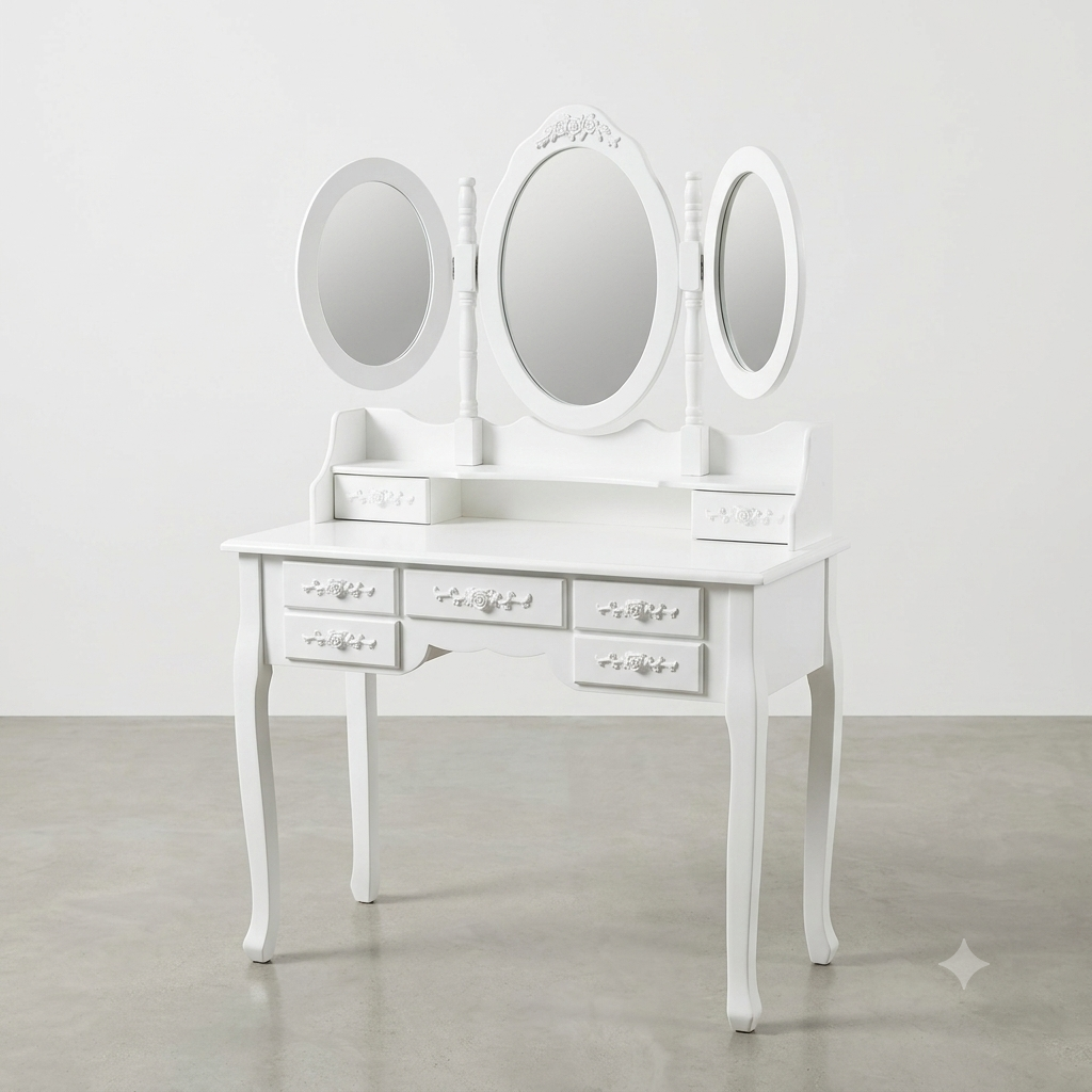 French Country White Makeup Vanity Desk Set – Tri-Fold Oval Mirrors & 7 Floral Storage Drawers