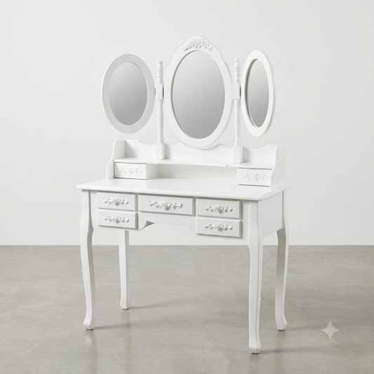 French Country White Makeup Vanity Desk Set – Tri-Fold Oval Mirrors & 7 Floral Storage Drawers