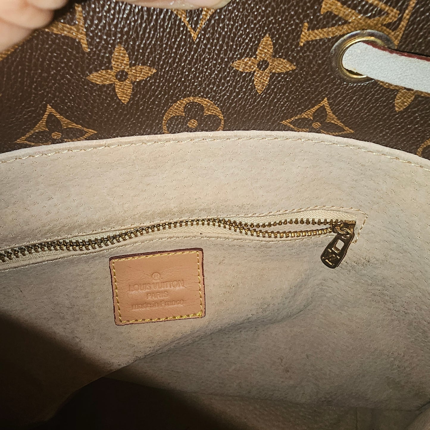 Brown Monogram Drawstring Backpack with Front Zip Pocket