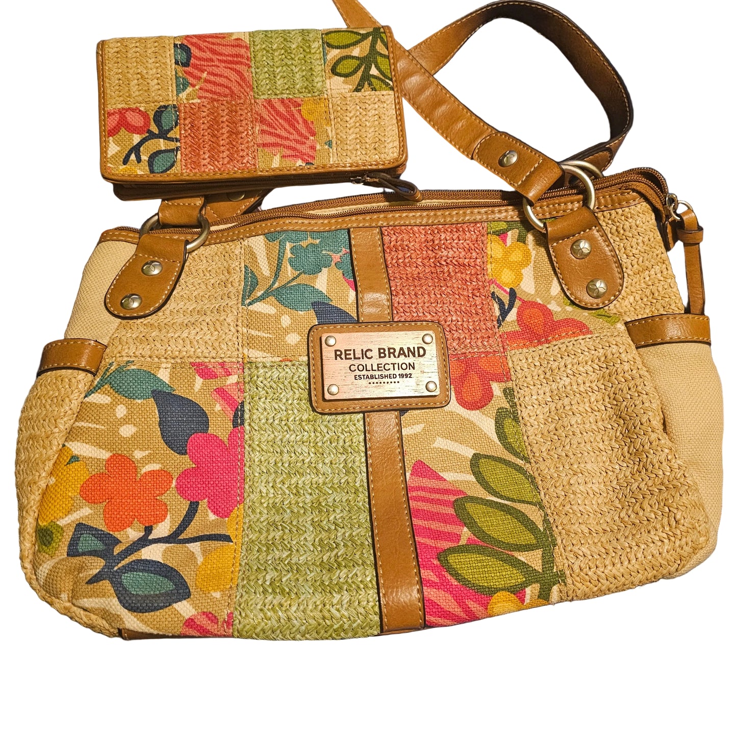 Relic Brand Patchwork Floral Handbag Purse & Matching Wallet Set Y2K Boho Straw