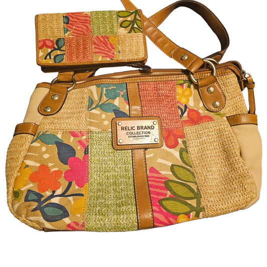 Relic Brand Patchwork Floral Handbag Purse & Matching Wallet Set Y2K Boho Straw