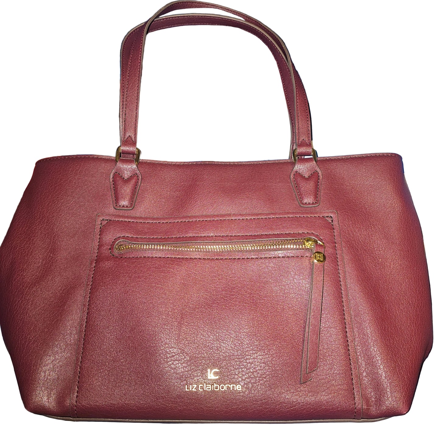 Liz Claiborne Burgundy Pebble Grain Leather Tote Bag Purse Large Shoulder Satchel