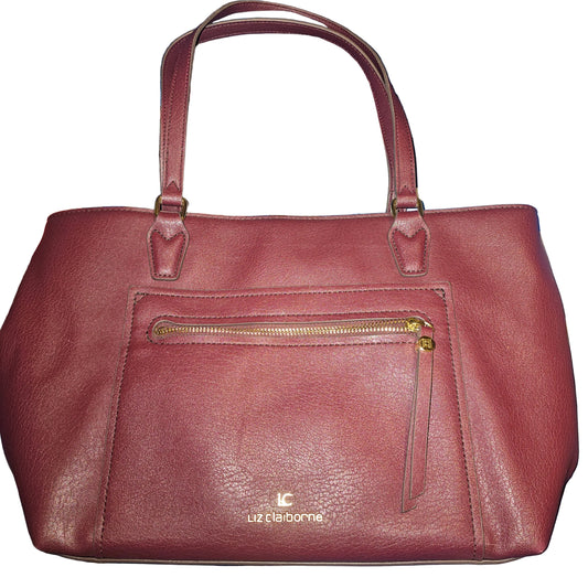 Liz Claiborne Burgundy Pebble Grain Leather Tote Bag Purse Large Shoulder Satchel