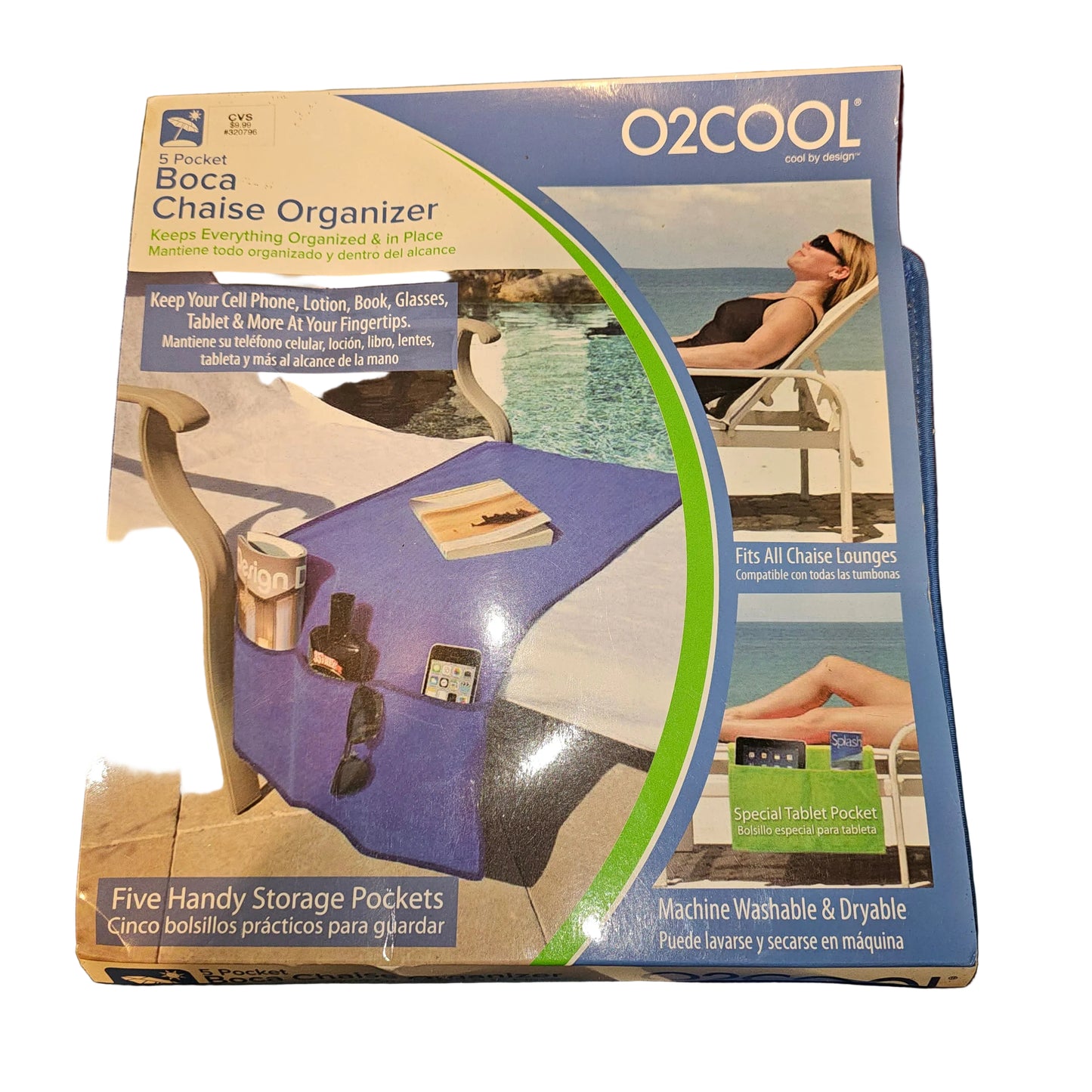 O2COOL Boca Chaise Lounge Organizer 5 Pockets Blue Towel Chair Caddy Tablet Holder