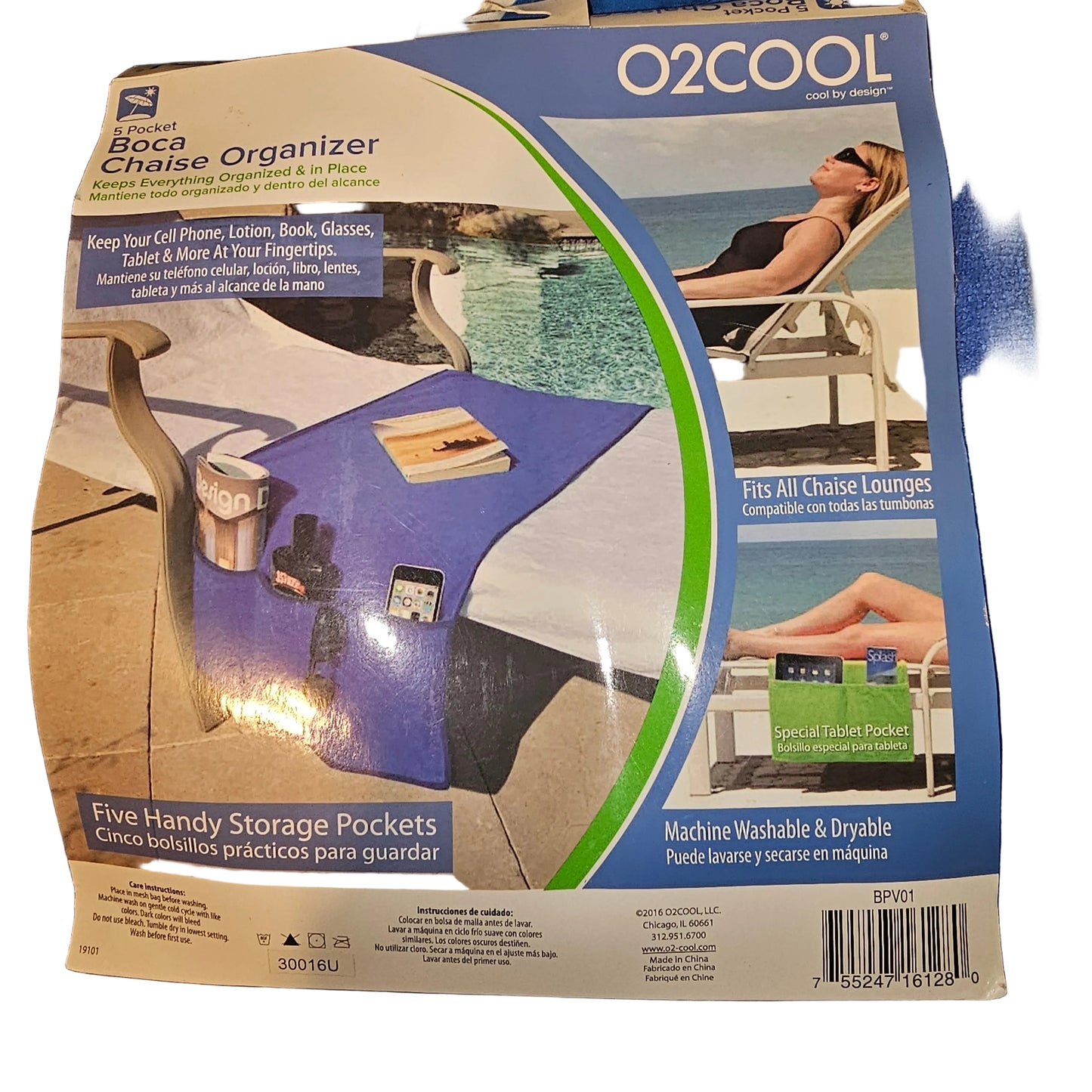 O2COOL Boca Chaise Lounge Organizer 5 Pockets Blue Towel Chair Caddy Tablet Holder
