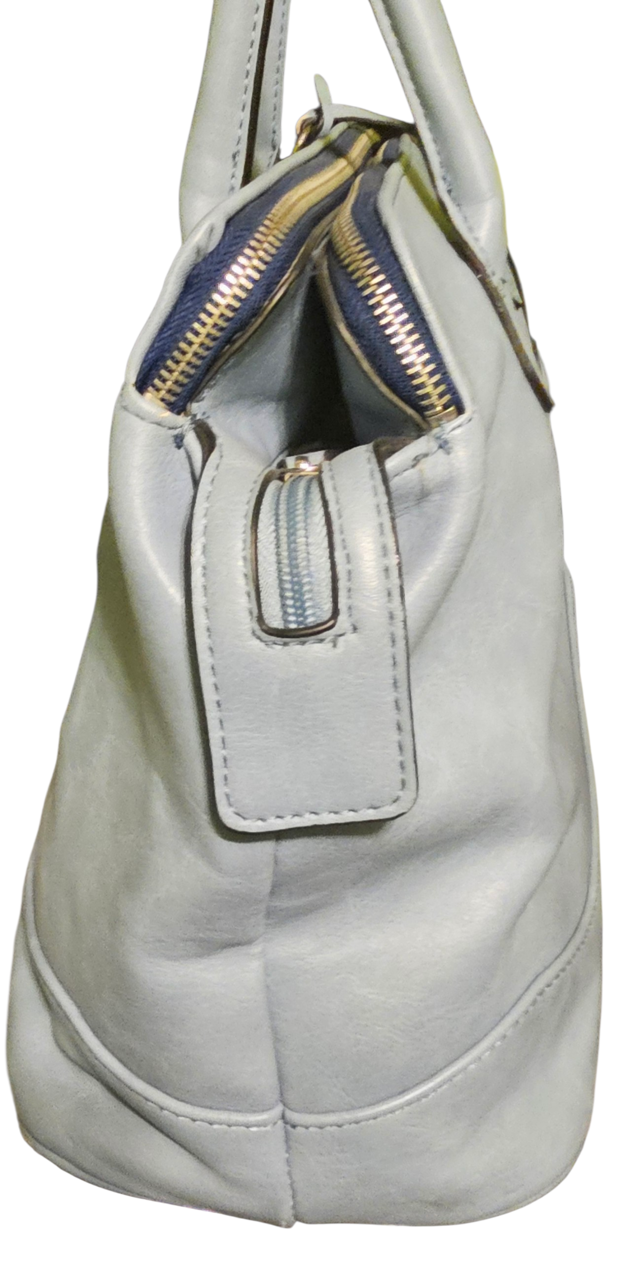 London Fog Triple Compartment Satchel Bag Slate Blue Gold Hardware Work Tote Large