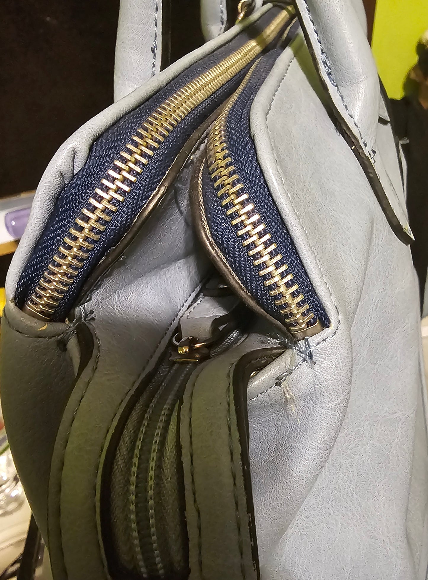 London Fog Triple Compartment Satchel Bag Slate Blue Gold Hardware Work Tote Large