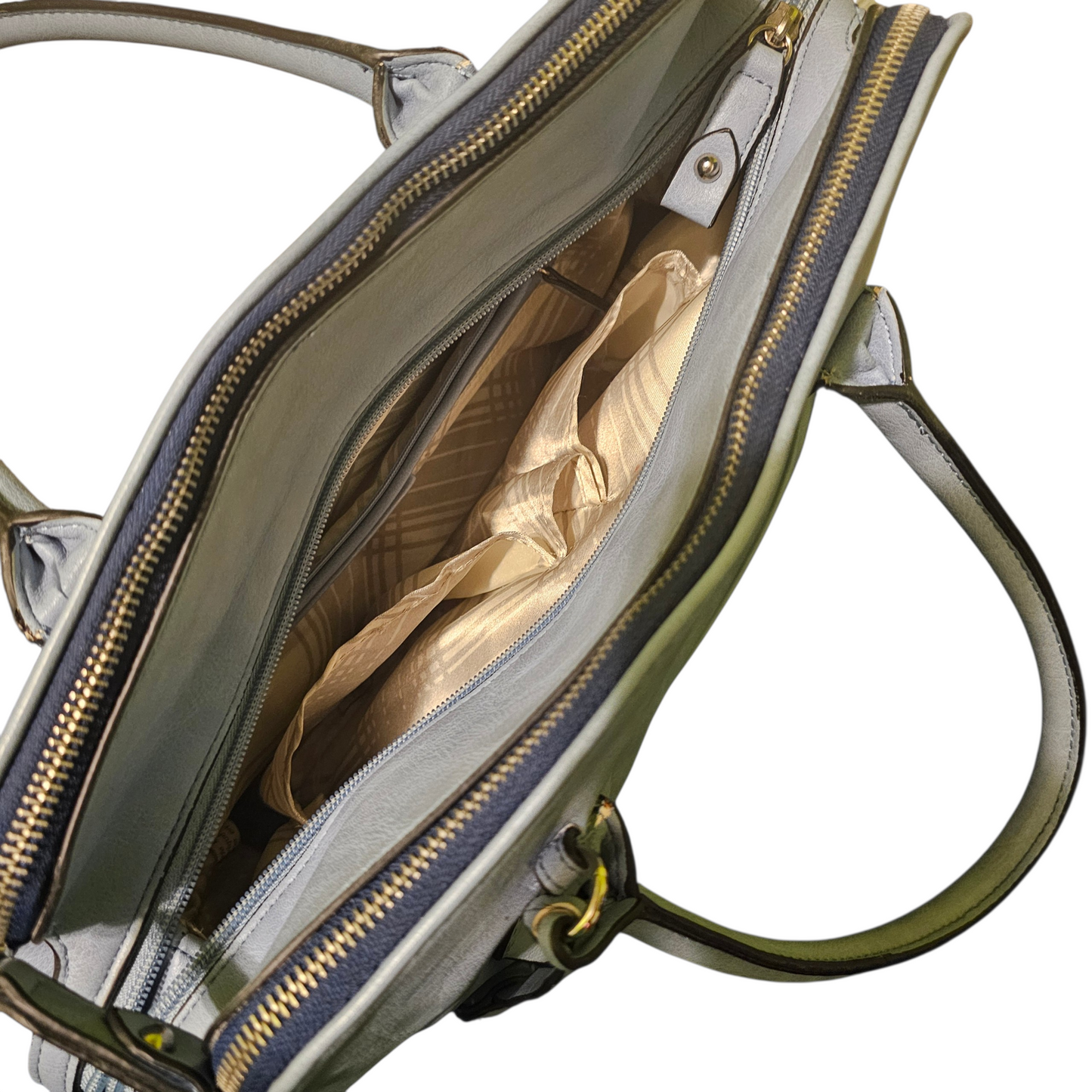 London Fog Triple Compartment Satchel Bag Slate Blue Gold Hardware Work Tote Large