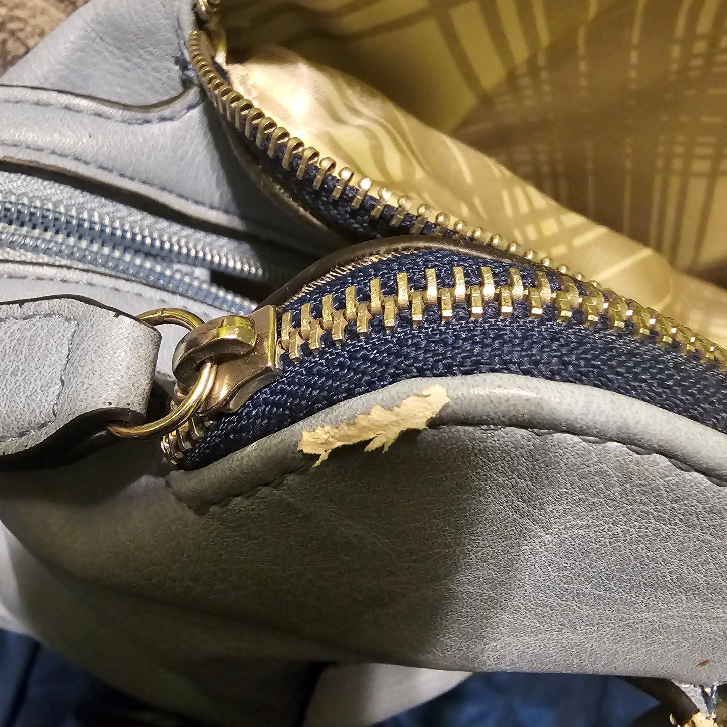 London Fog Triple Compartment Satchel Bag Slate Blue Gold Hardware Work Tote Large