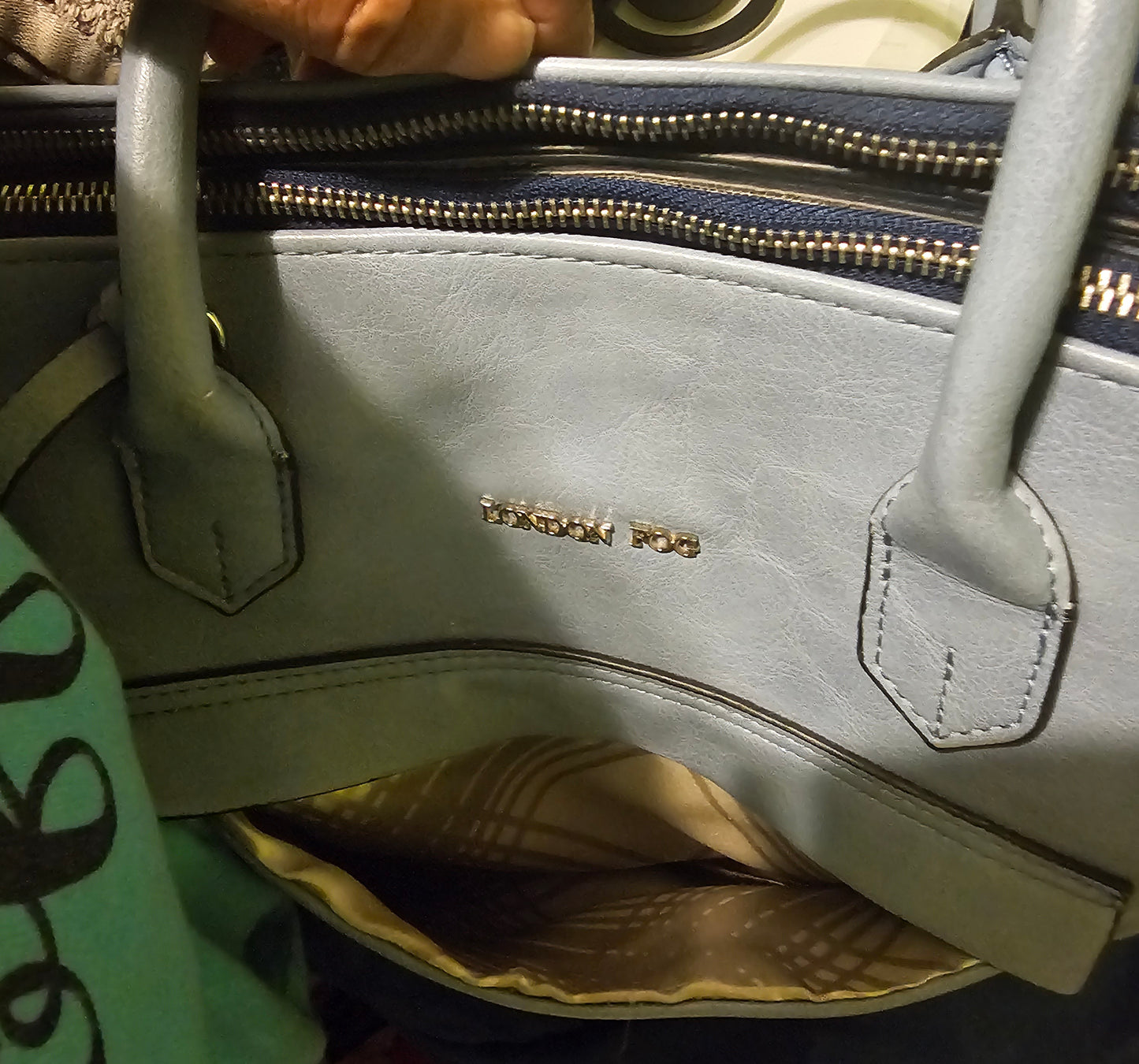 London Fog Triple Compartment Satchel Bag Slate Blue Gold Hardware Work Tote Large