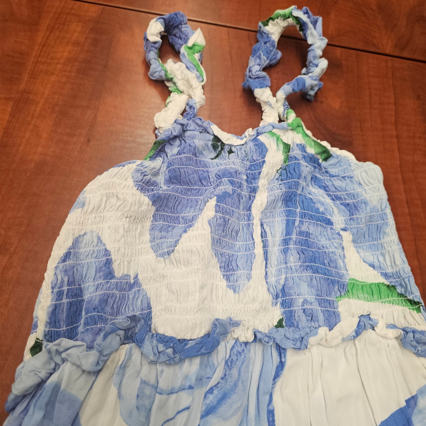 Jolie & Joy Blue Floral Smocked Maxi Dress XL Boho Tiered Rayon Summer Sun Dress