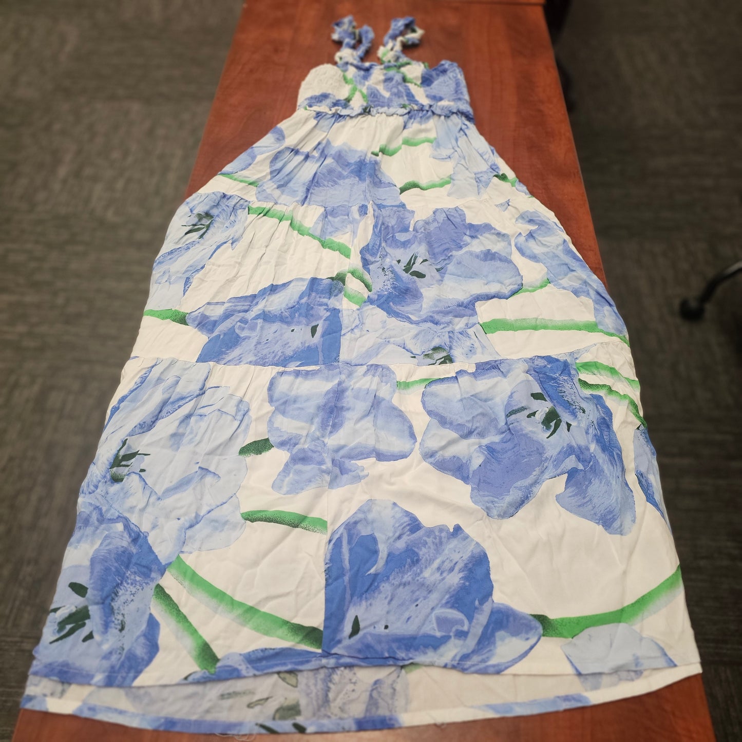Jolie & Joy Blue Floral Smocked Maxi Dress XL Boho Tiered Rayon Summer Sun Dress