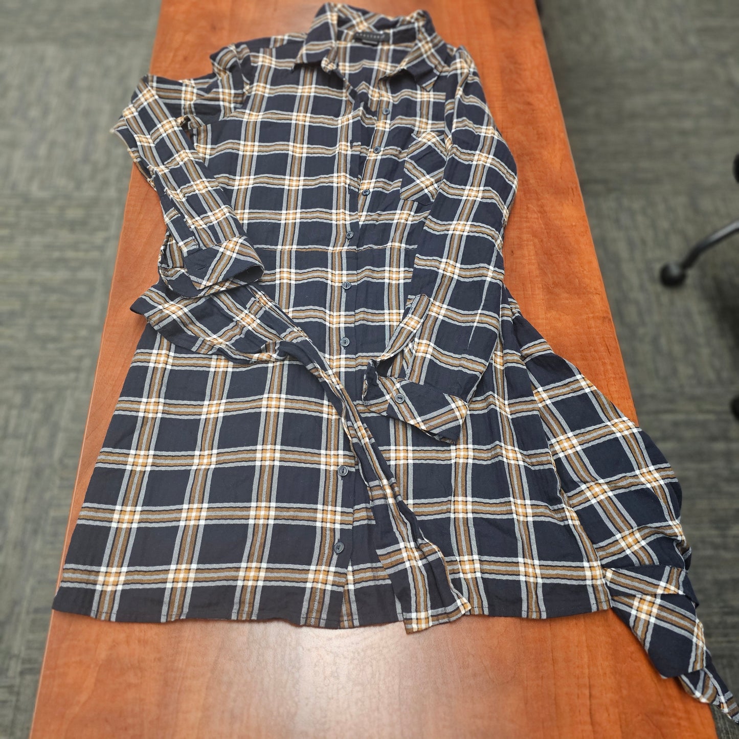 Sanctuary Plaid Shirt Dress Small Navy  Button Down Tie Waist Cotton Stretch