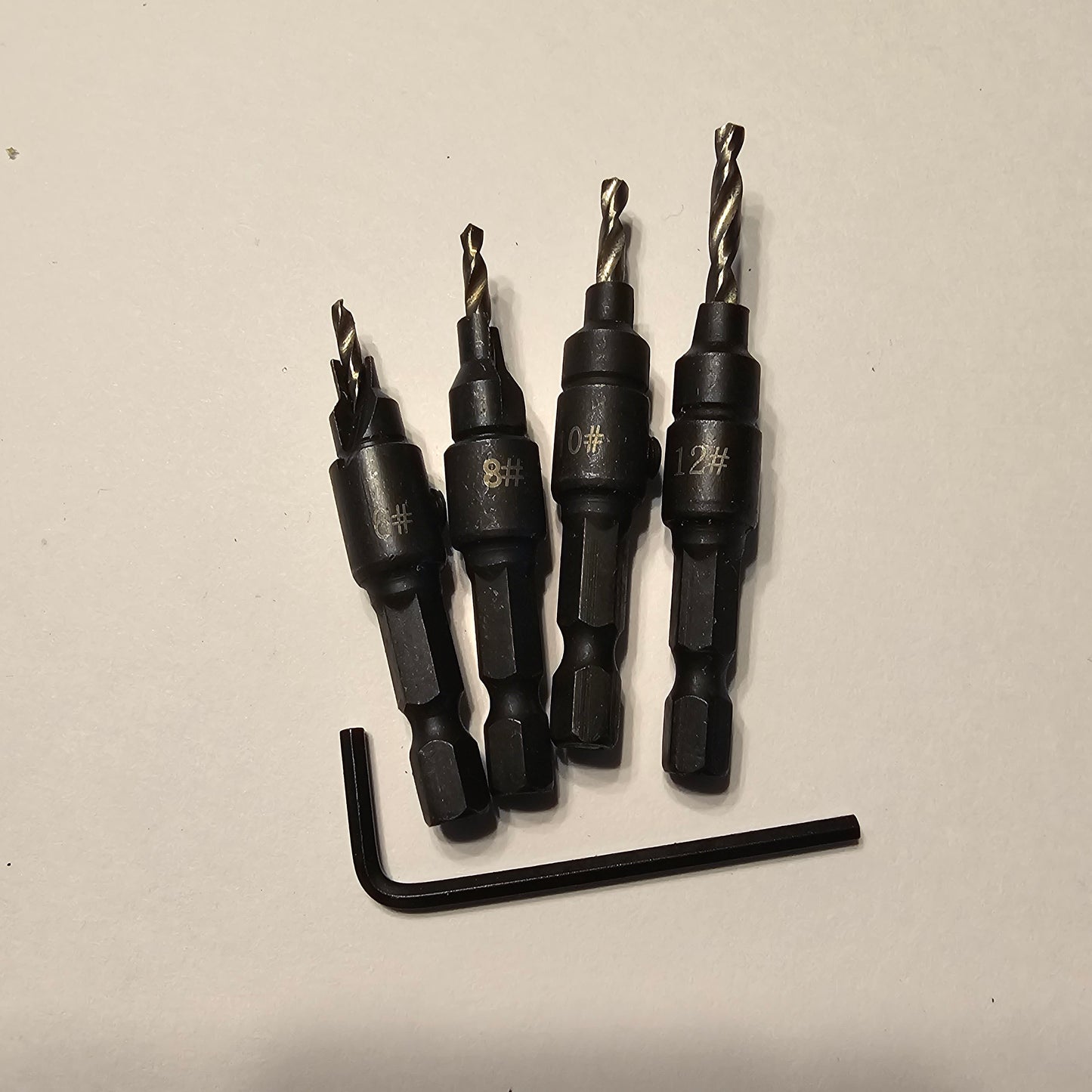 4-Piece Tapered Countersink Drill Bit Set with Hex Shank – Woodworking Tool Kit for #6, #8, #10, #12 Screws – Includes Allen Key