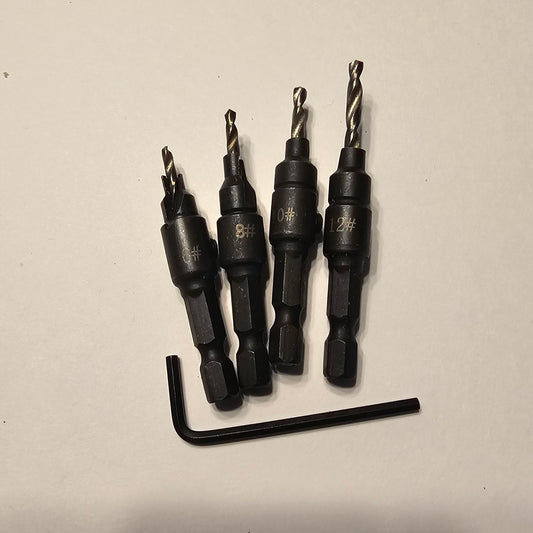 4-Piece Tapered Countersink Drill Bit Set with Hex Shank – Woodworking Tool Kit for #6, #8, #10, #12 Screws – Includes Allen Key