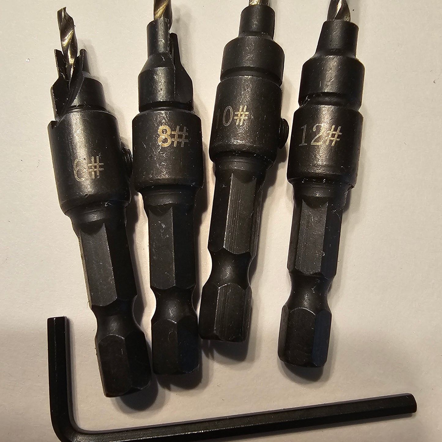4-Piece Tapered Countersink Drill Bit Set with Hex Shank – Woodworking Tool Kit for #6, #8, #10, #12 Screws – Includes Allen Key