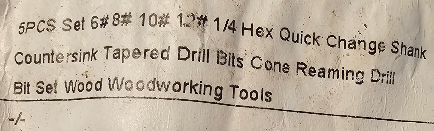 4-Piece Tapered Countersink Drill Bit Set with Hex Shank – Woodworking Tool Kit for #6, #8, #10, #12 Screws – Includes Allen Key