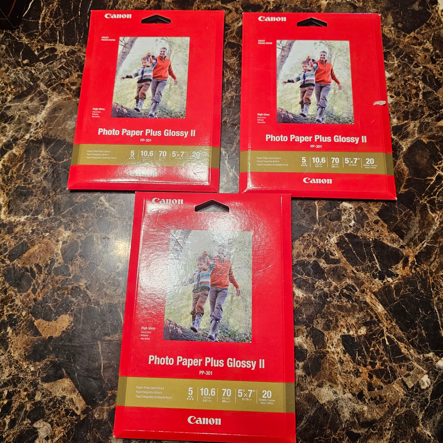 Lot of 3 Canon Photo Paper Plus Glossy II 5x7" 20 Sheets Each (60 Total) - PP-301
