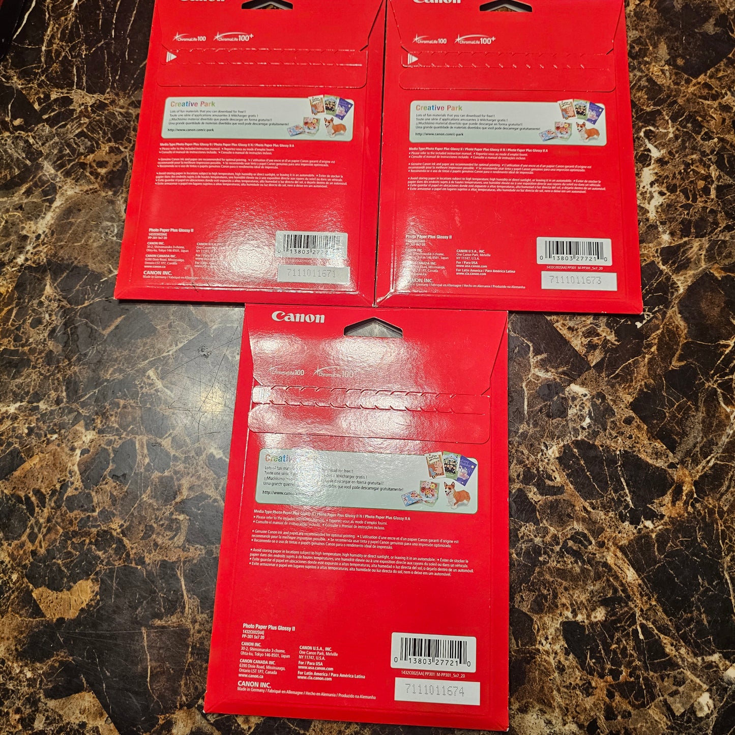 Lot of 3 Canon Photo Paper Plus Glossy II 5x7" 20 Sheets Each (60 Total) - PP-301